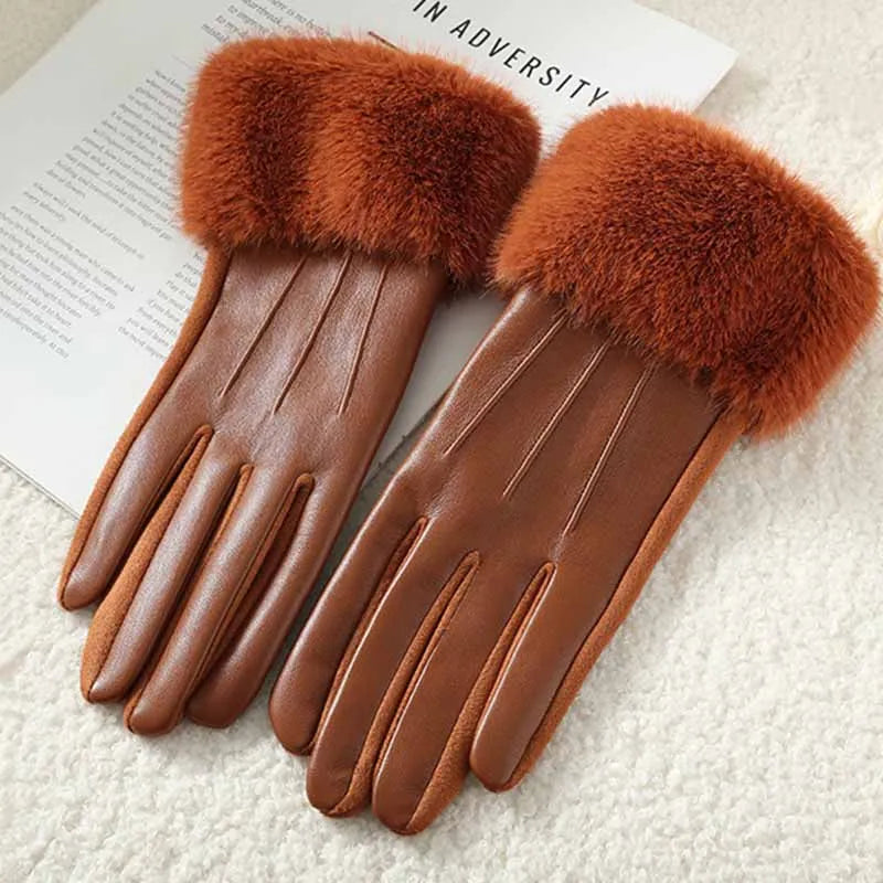 Winter Luxury Women's PU Leather Gloves Fur Trim Cuff