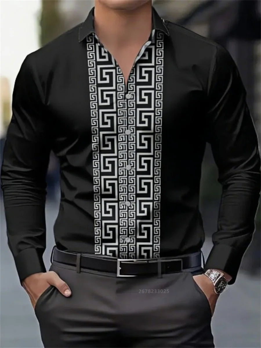 Men's long-sleeved shirt with pattern design, fashionable lapel button-down top.