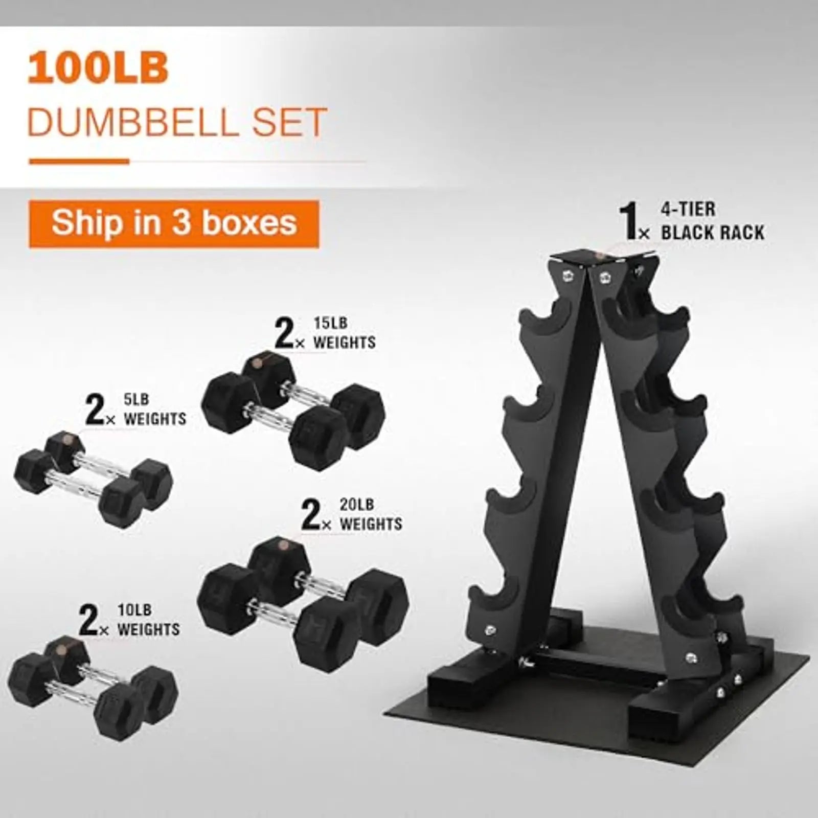 Dumbbell Set with Storage Rack, Rubber Coated Hex Hand Weights,