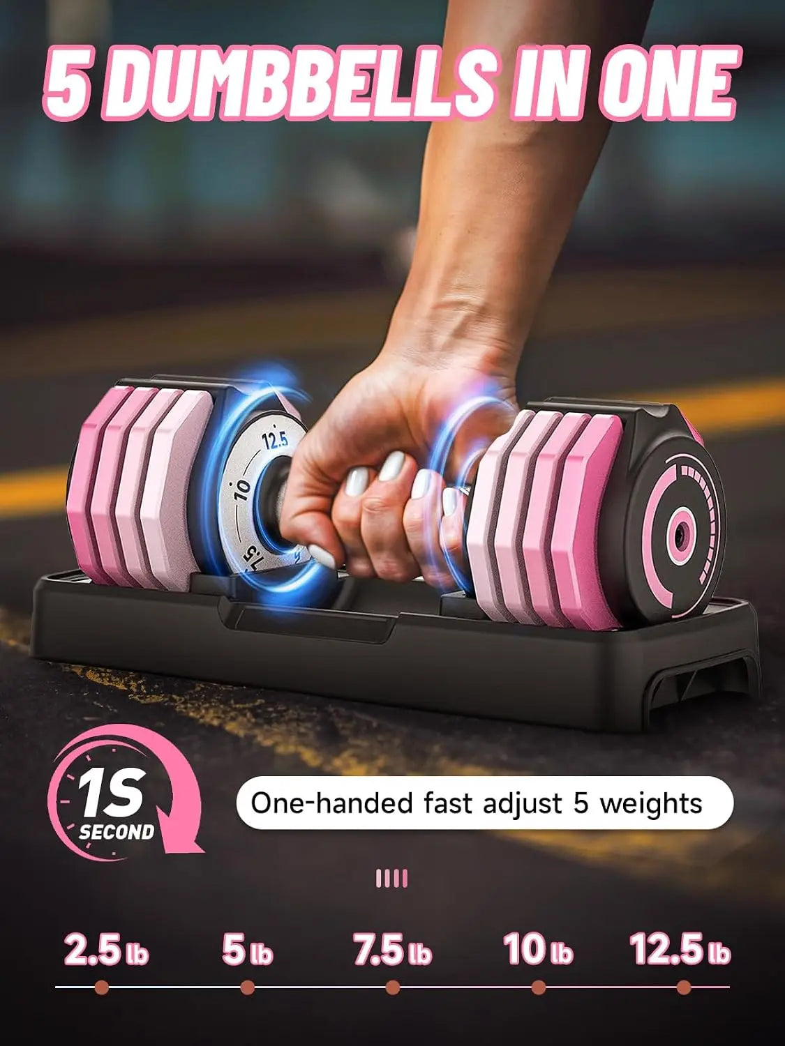Adjustable Dumbbells Set 12.5LB Pair, 1-Sec Fast Adjustable 5 Free Weights, Premium Comfort Non-slip Metal Handle.