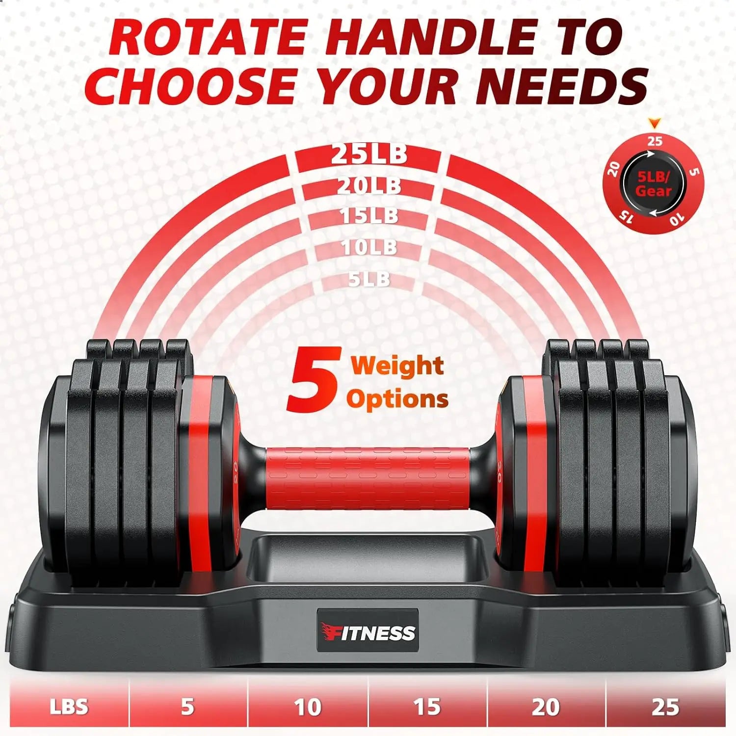 Adjustable Dumbbell Set of 2, 5-in-1.