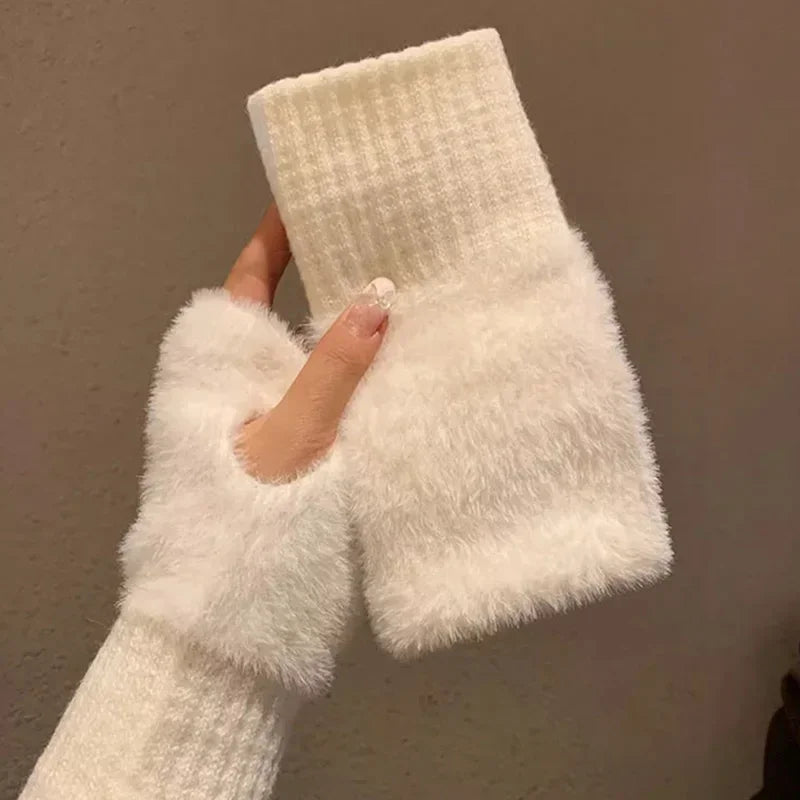 Mink Fleece Soft Winter Half Finger Gloves Women Warm Luxury Solid White