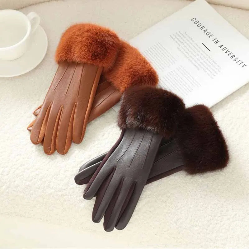 Winter Luxury Women's PU Leather Gloves Fur Trim Cuff