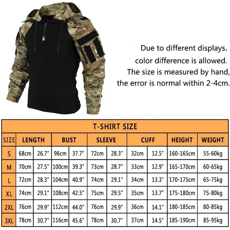 Outdoor Shirts Camo Combat T-Shirt Hooded for Men and Women.