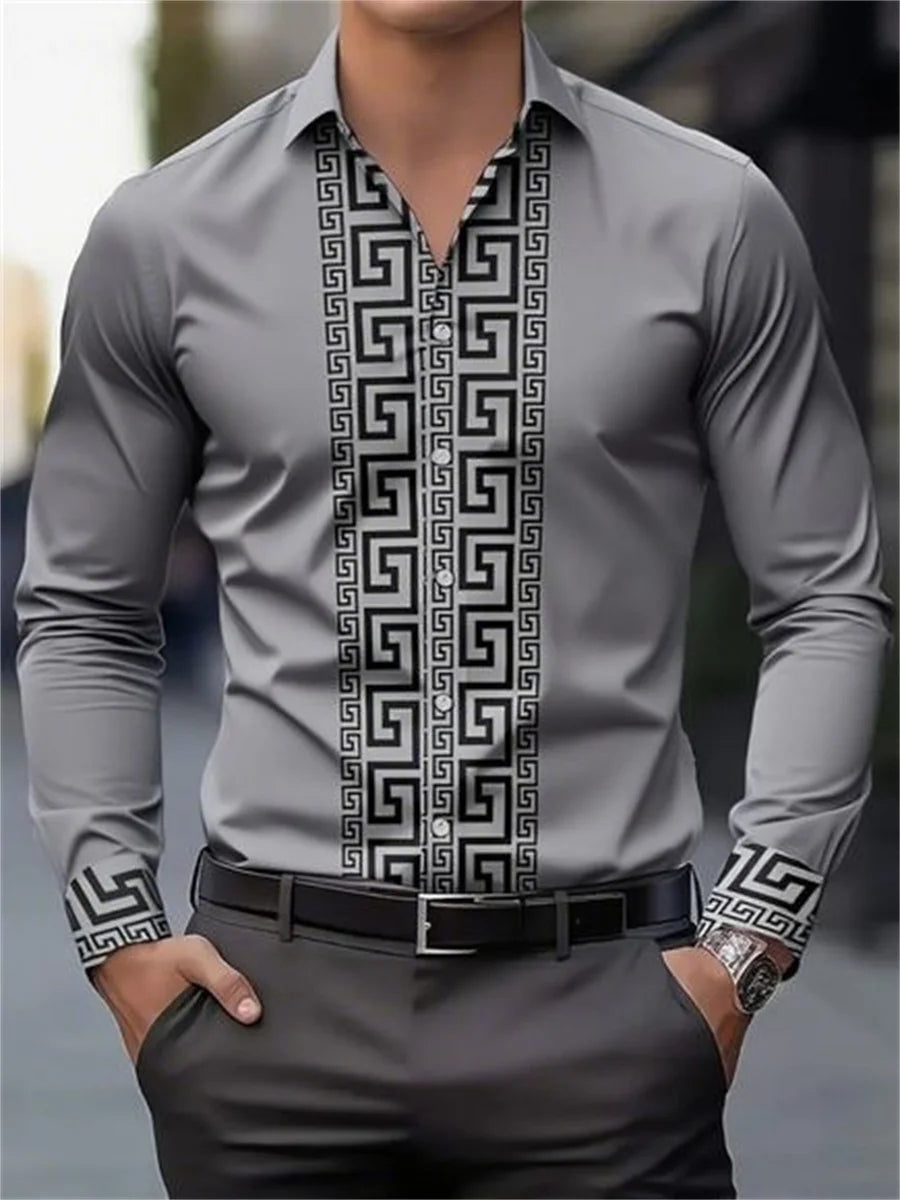 Men's long-sleeved shirt with pattern design, fashionable lapel button-down top.