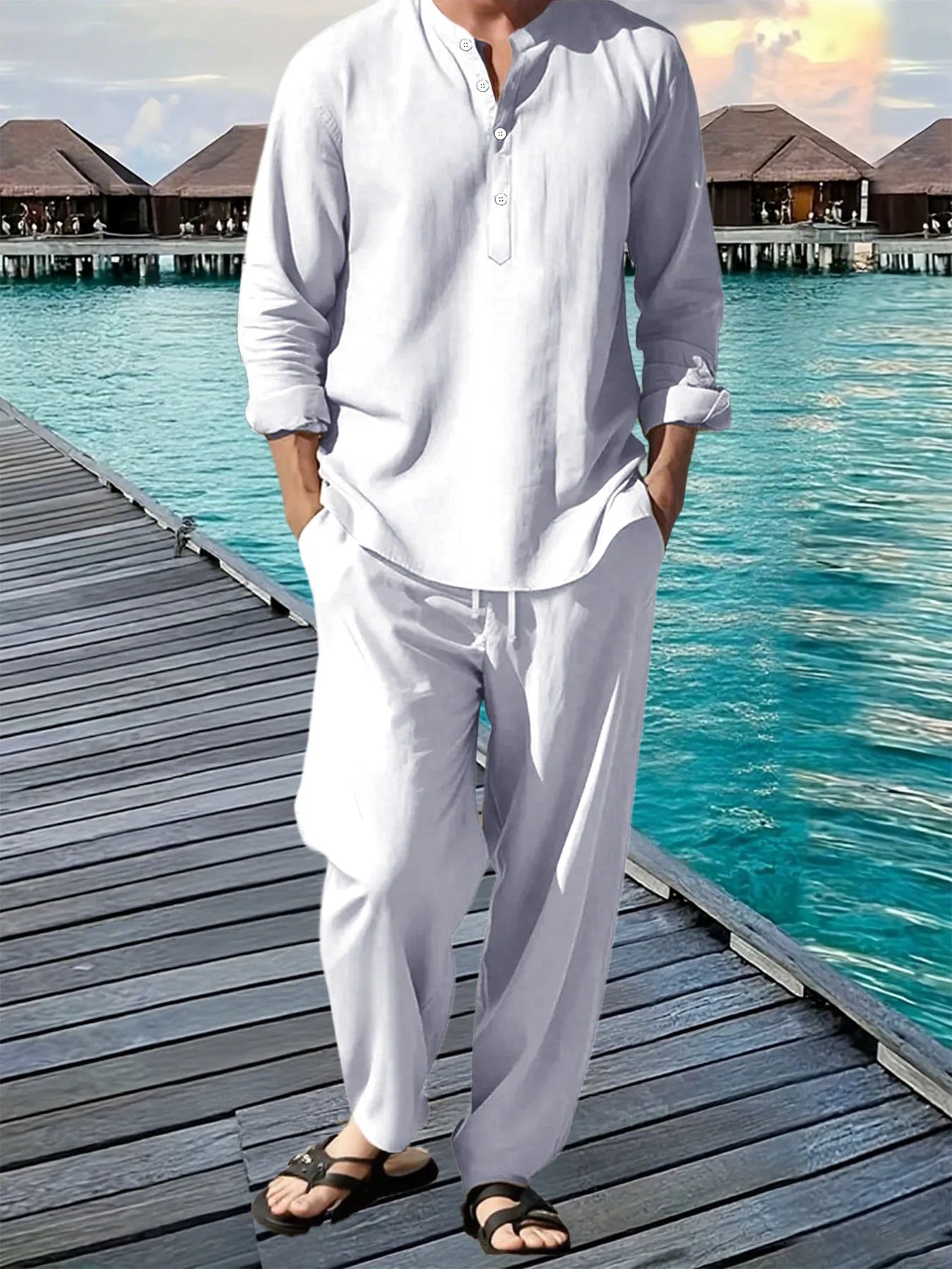 New Long Sleeve Henley Shirt Pants Suit for Men.