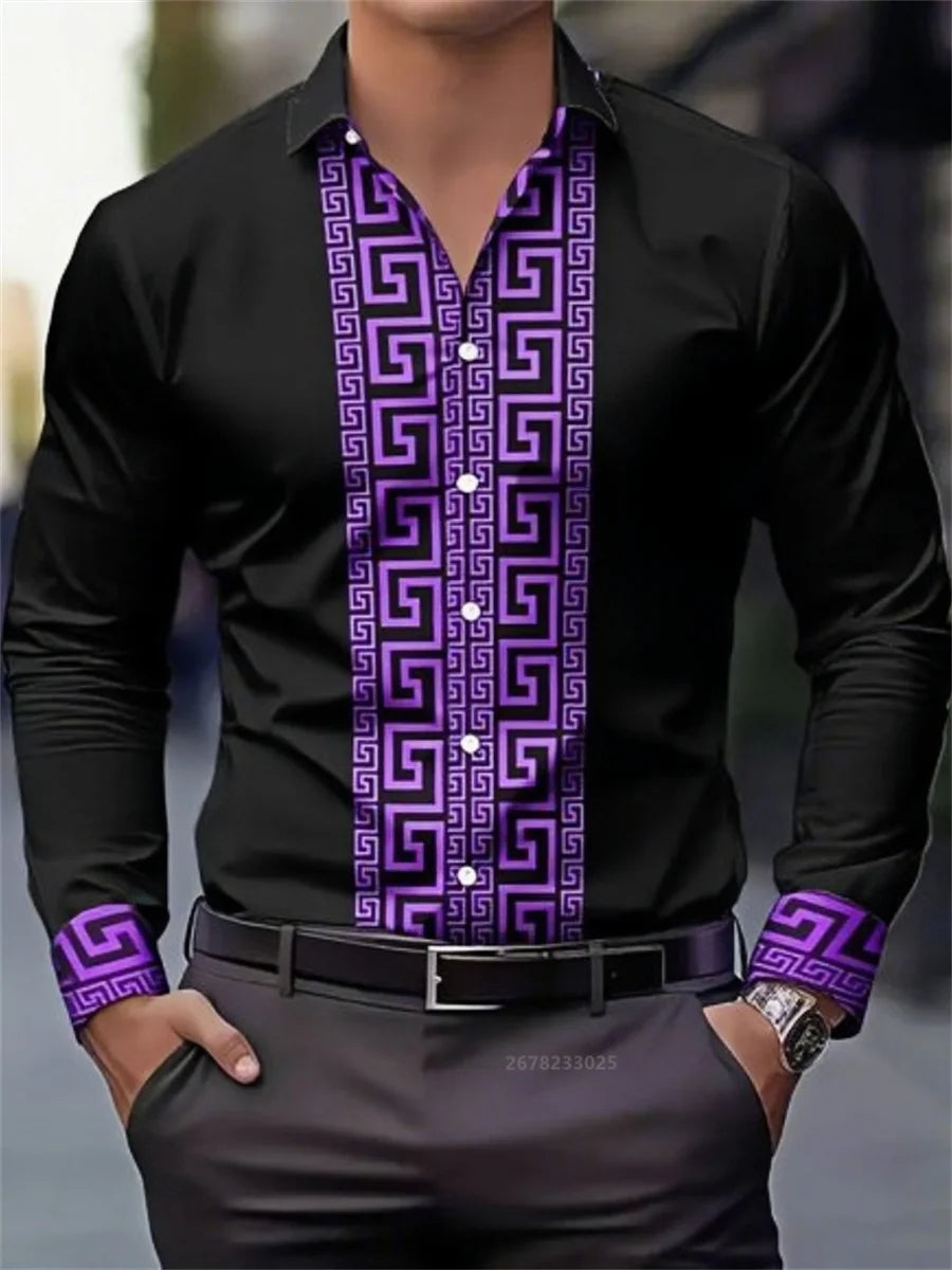 Men's long-sleeved shirt with pattern design, fashionable lapel button-down top.