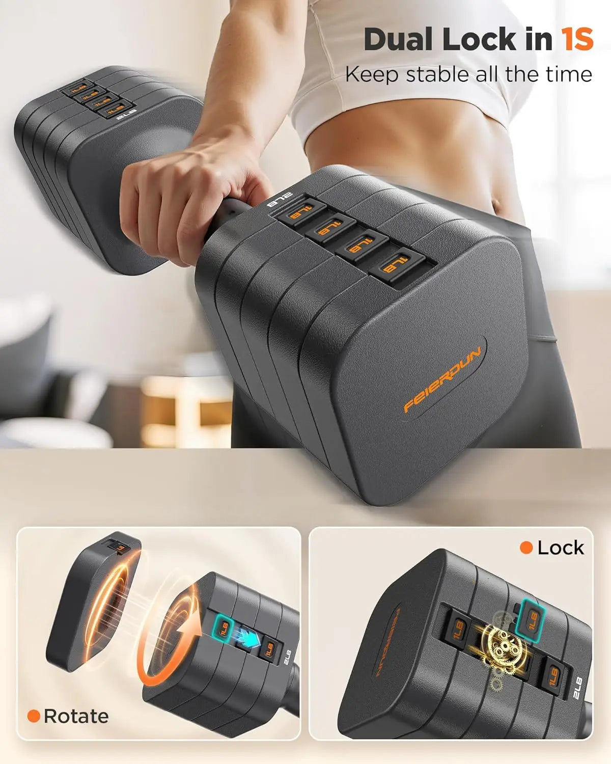 FEIERDUN 5-in-1 Adjustable Dumbbells Set of 2, 20LBS Dark Grey Hand Weights.