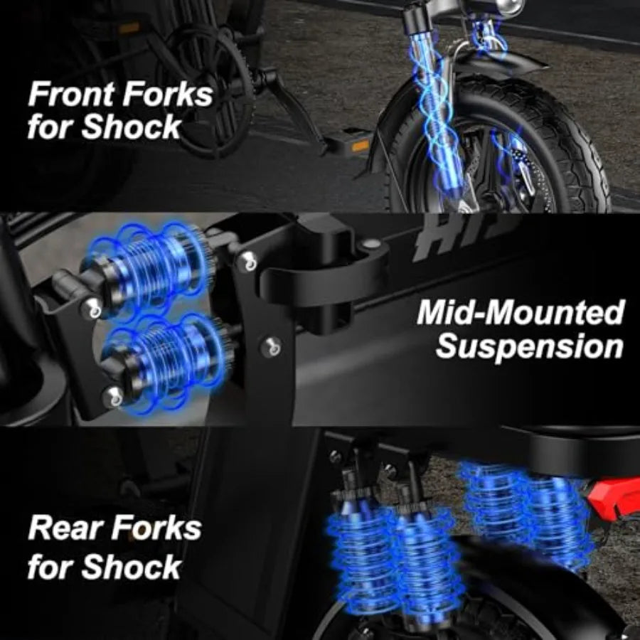 Folding Electric Bikes for Adults: 1200W Peak Power 25 MPH Speed 48V 10Ah Battery.