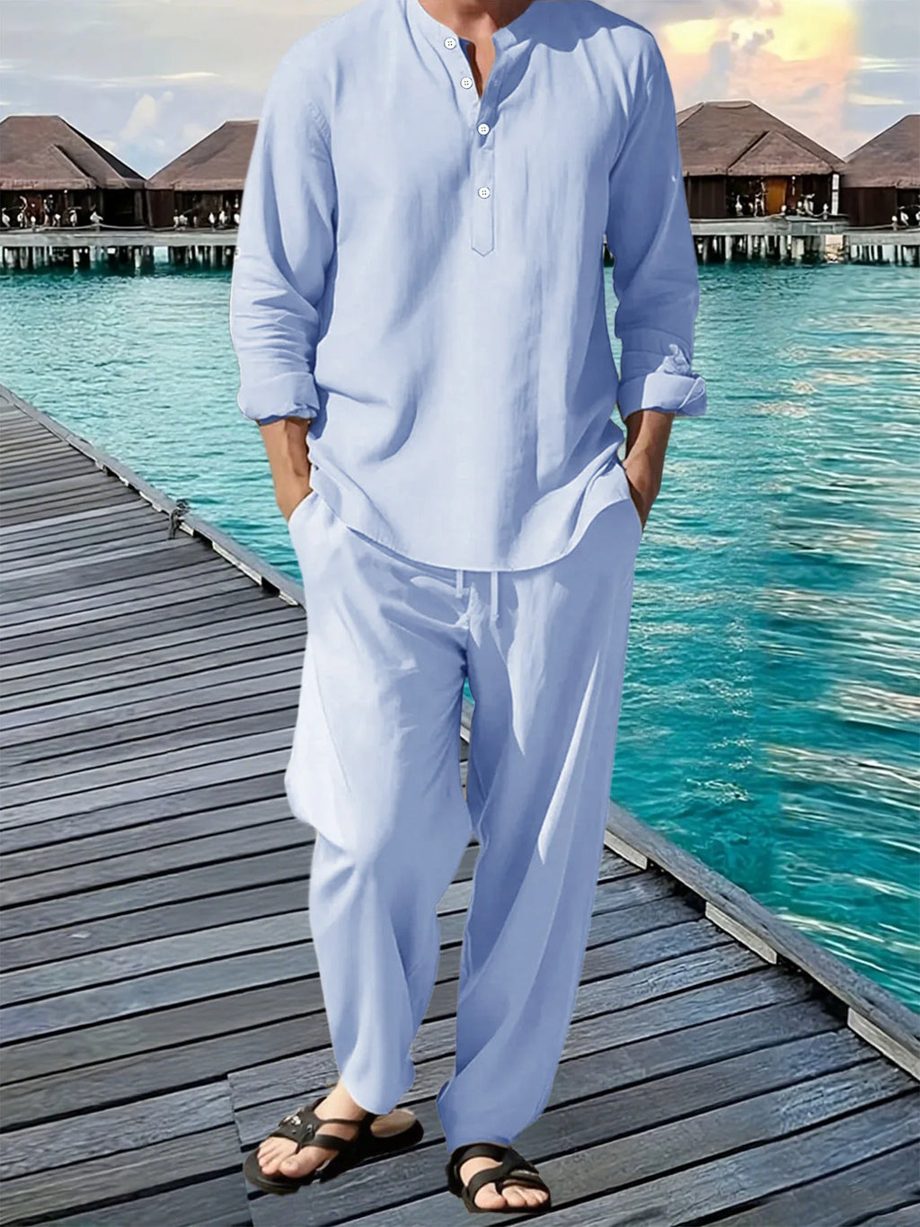New Long Sleeve Henley Shirt Pants Suit for Men.
