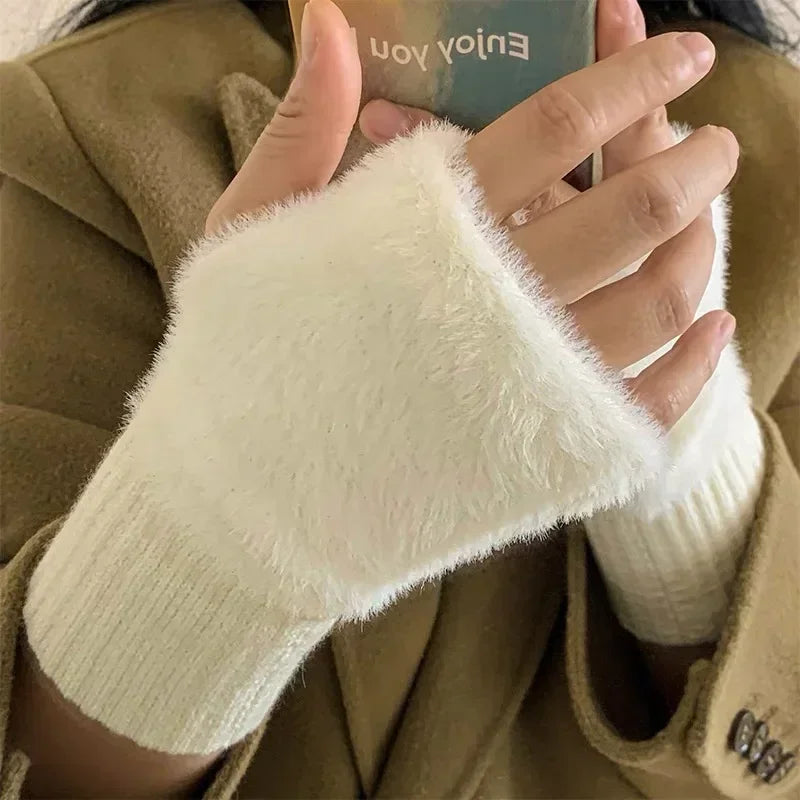 Mink Fleece Soft Winter Half Finger Gloves Women Warm Luxury Solid White