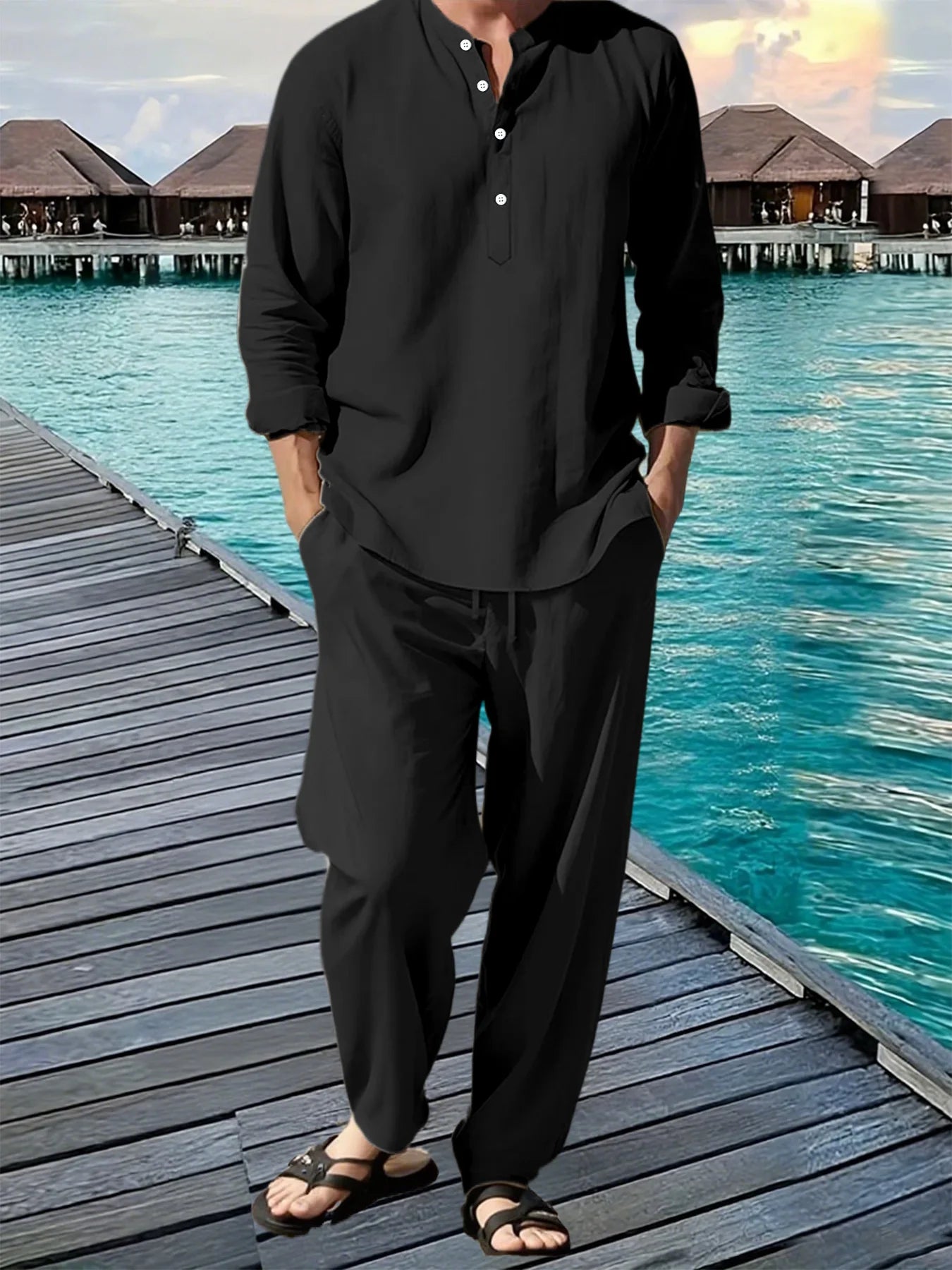 New Long Sleeve Henley Shirt Pants Suit for Men.