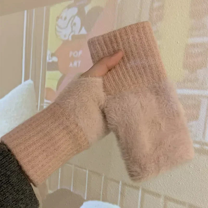 Mink Fleece Soft Winter Half Finger Gloves Women Warm Luxury Solid White