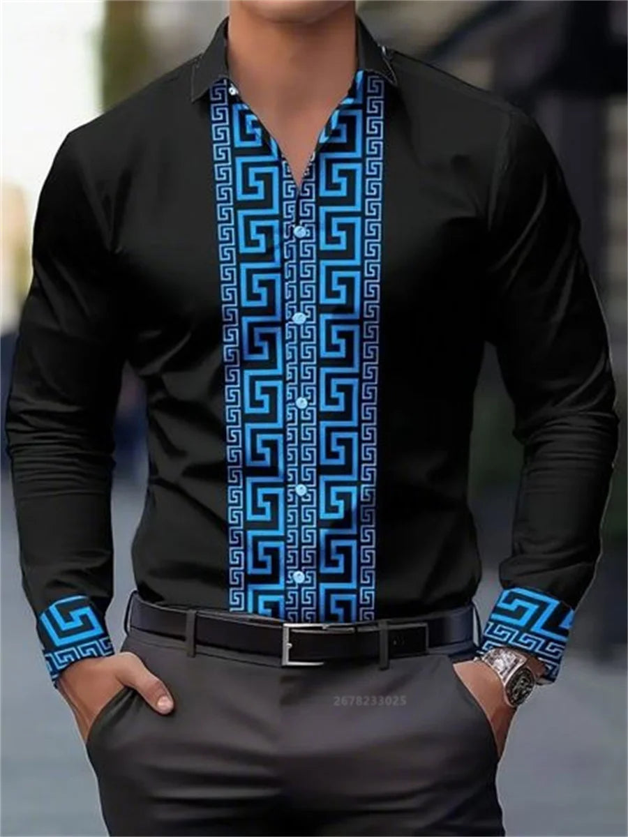 Men's long-sleeved shirt with pattern design, fashionable lapel button-down top.