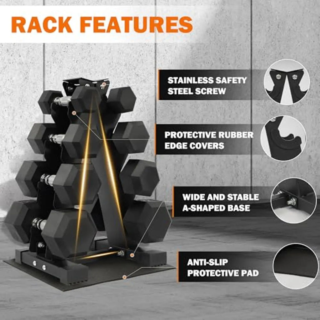 Dumbbell Set with Storage Rack, Rubber Coated Hex Hand Weights,