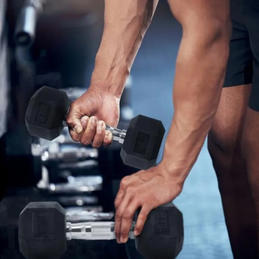 Signature Fitness Rubber Encased Hex Dumbbells.