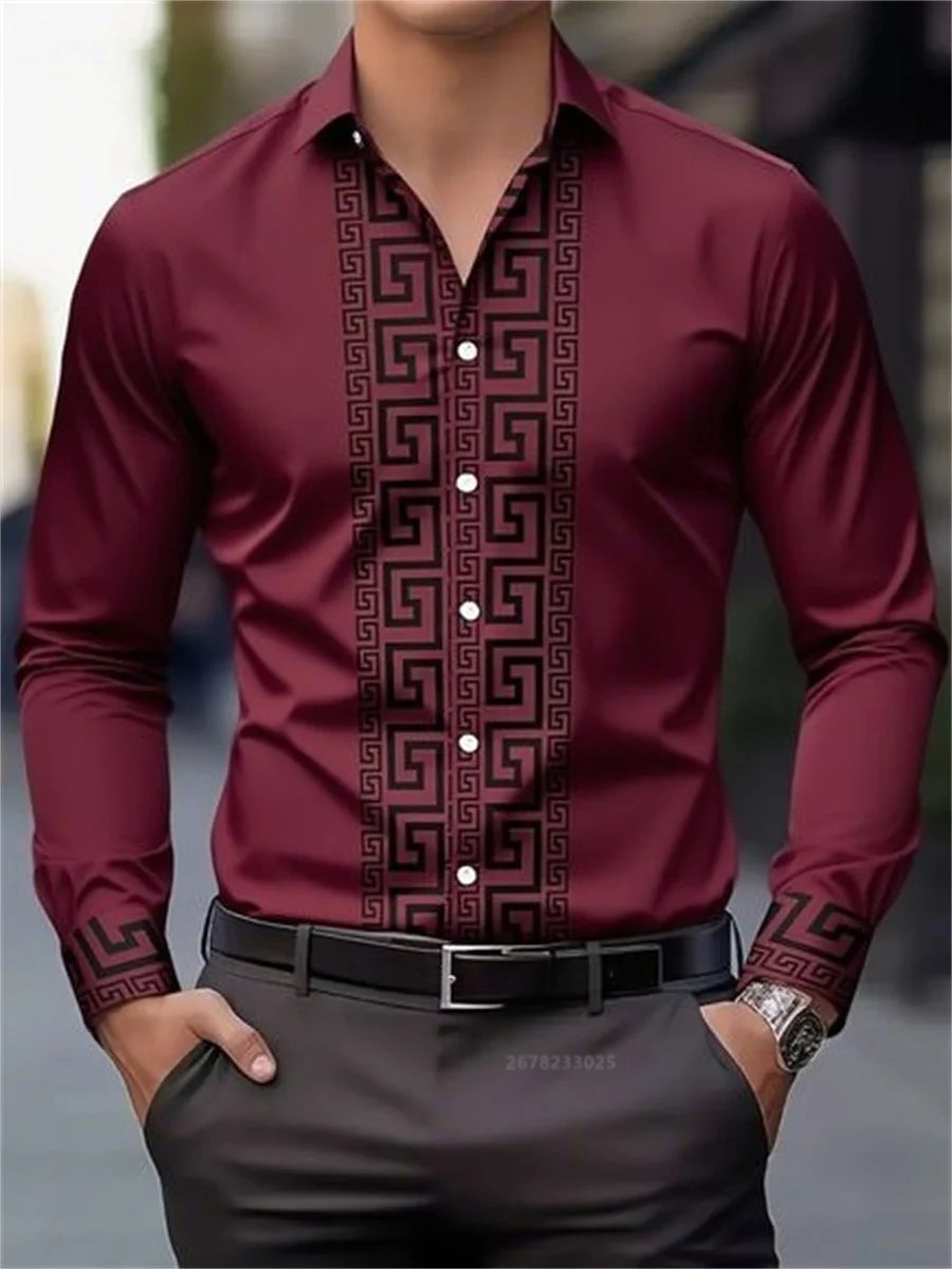 Men's long-sleeved shirt with pattern design, fashionable lapel button-down top.