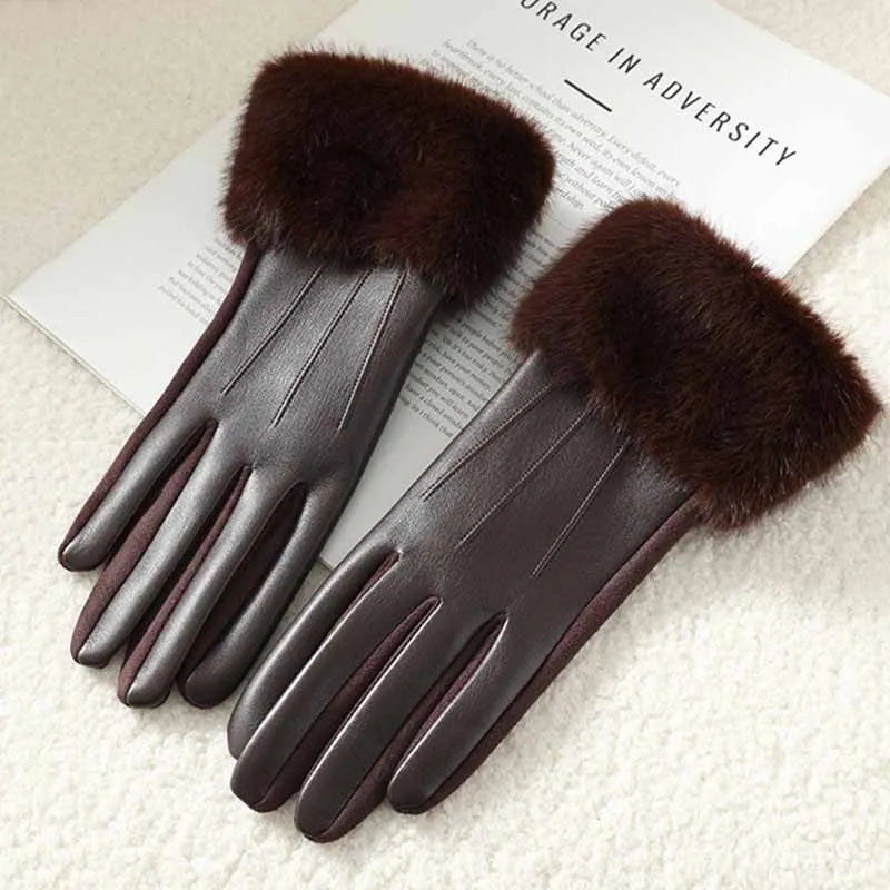 Winter Luxury Women's PU Leather Gloves Fur Trim Cuff