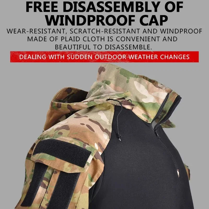 Outdoor Shirts Camo Combat T-Shirt Hooded for Men and Women.