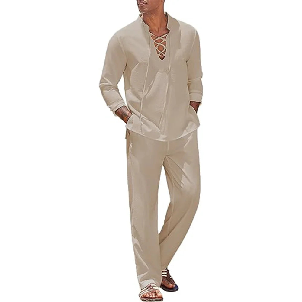2pcs Set Men's Cotton Linen Shirt and Pants.