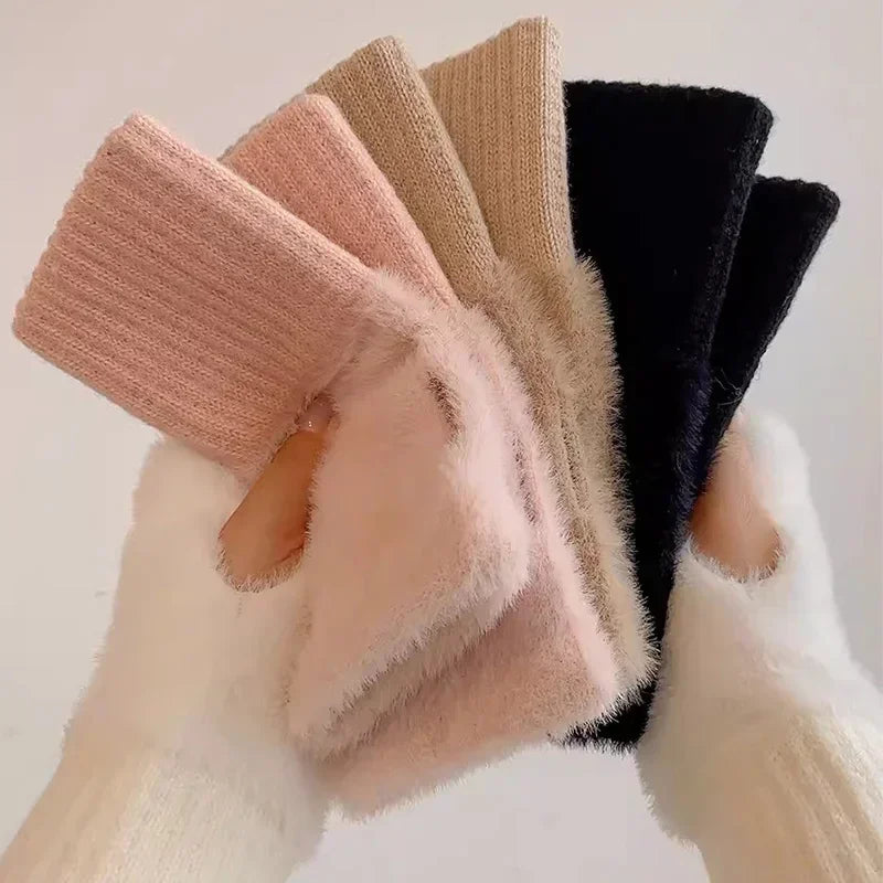 Mink Fleece Soft Winter Half Finger Gloves Women Warm Luxury Solid White