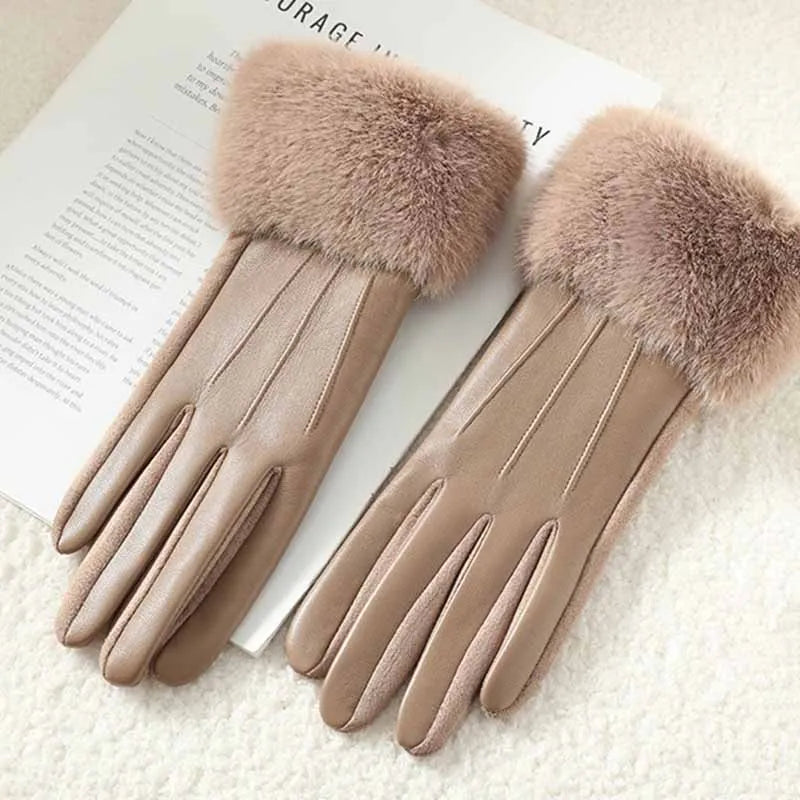 Winter Luxury Women's PU Leather Gloves Fur Trim Cuff