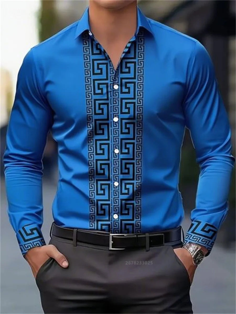 Men's long-sleeved shirt with pattern design, fashionable lapel button-down top.