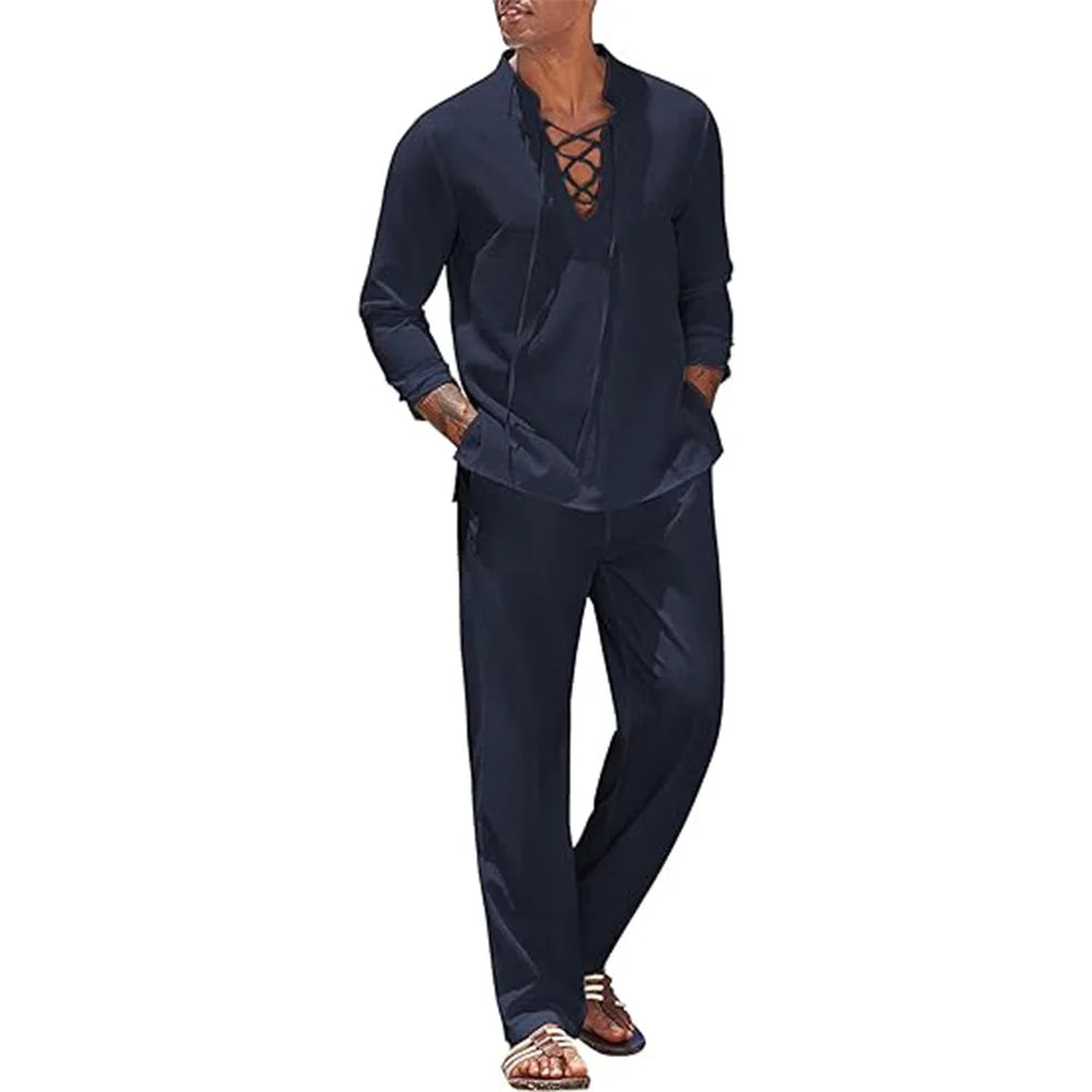 2pcs Set Men's Cotton Linen Shirt and Pants.