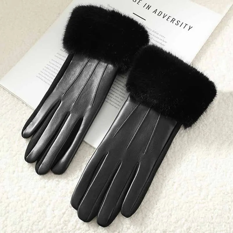 Winter Luxury Women's PU Leather Gloves Fur Trim Cuff
