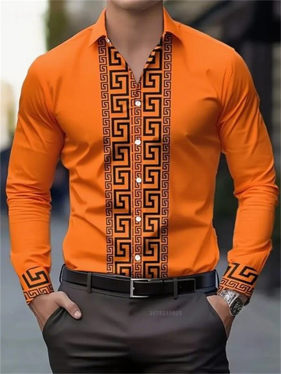 Men's long-sleeved shirt with pattern design, fashionable lapel button-down top.