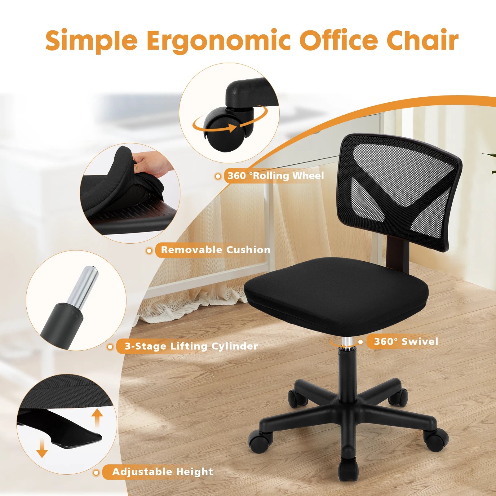 JHK Mesh with Lumbar Support Armless Office Chair