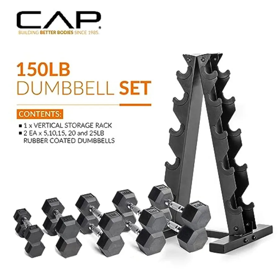 150 LB Rubber Coated Hex Dumbbell Hand Weight Set with Vertical Storage Rack.
