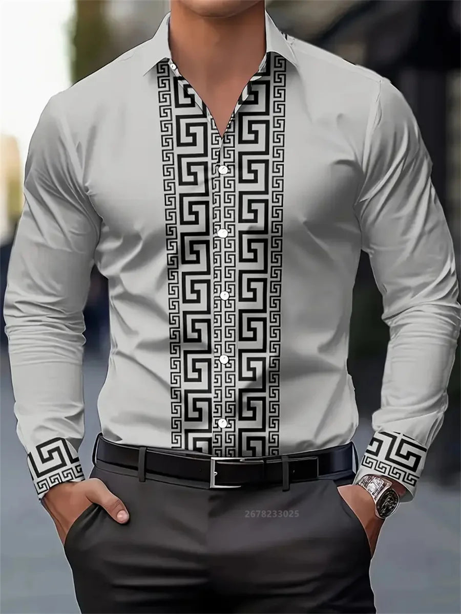 Men's long-sleeved shirt with pattern design, fashionable lapel button-down top.