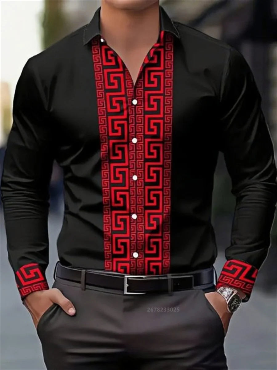 Men's long-sleeved shirt with pattern design, fashionable lapel button-down top.