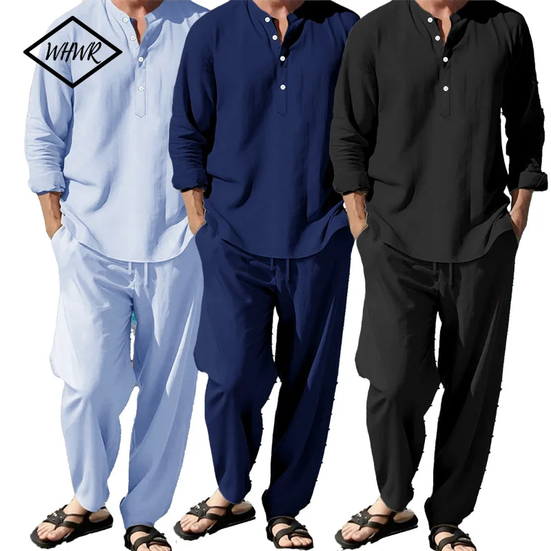 New Long Sleeve Henley Shirt Pants Suit for Men.