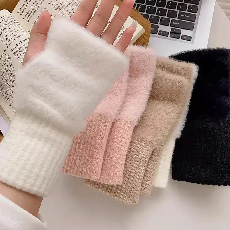 Mink Fleece Soft Winter Half Finger Gloves Women Warm Luxury Solid White