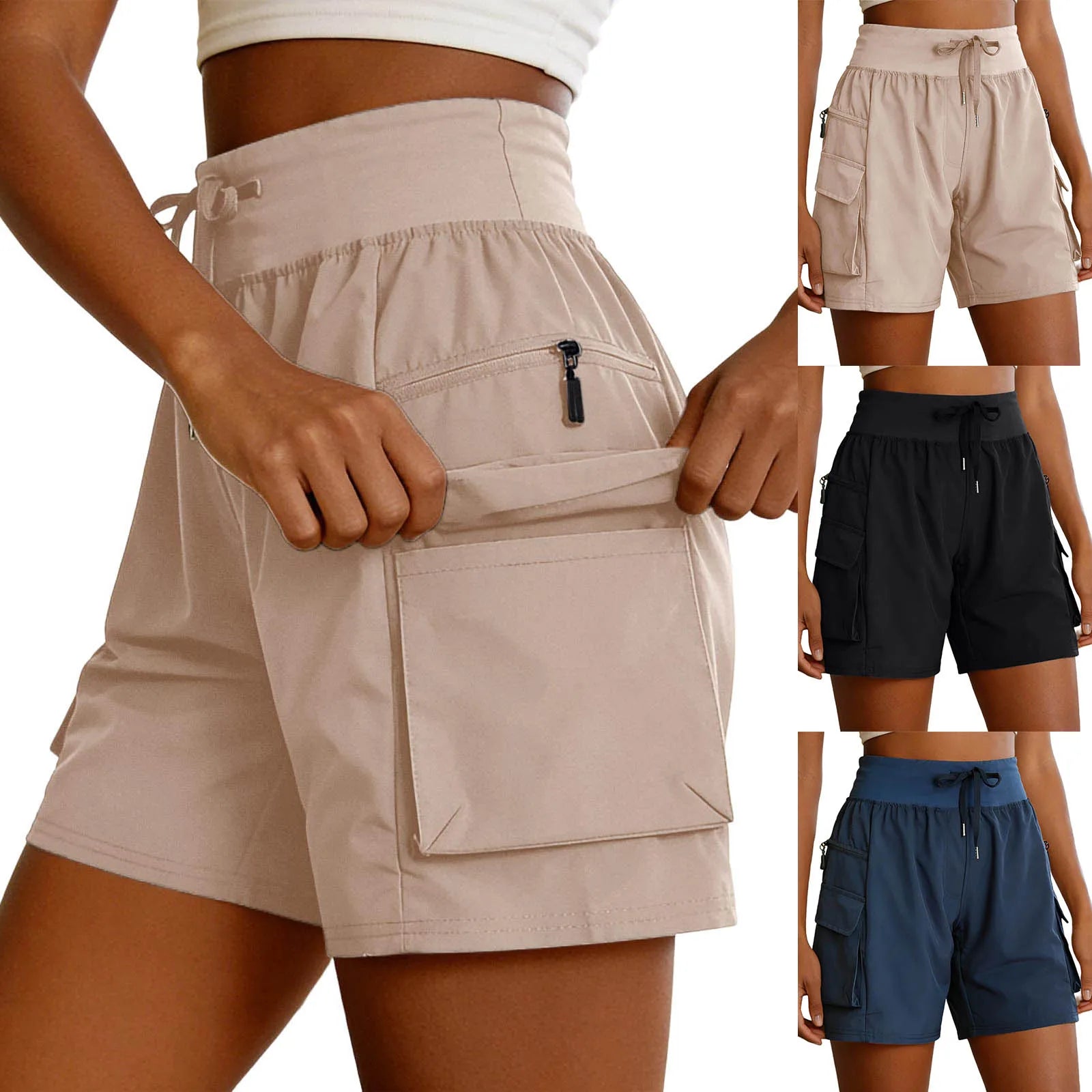 Women Sports Short Pants High Waist Elastic Waist Drawstring.