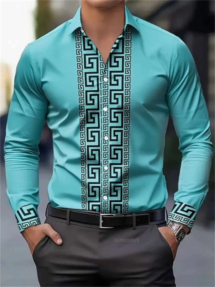Men's long-sleeved shirt with pattern design, fashionable lapel button-down top.