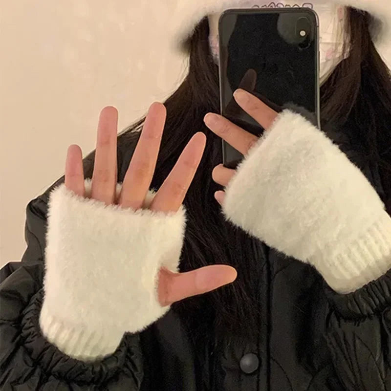 Mink Fleece Soft Winter Half Finger Gloves Women Warm Luxury Solid White