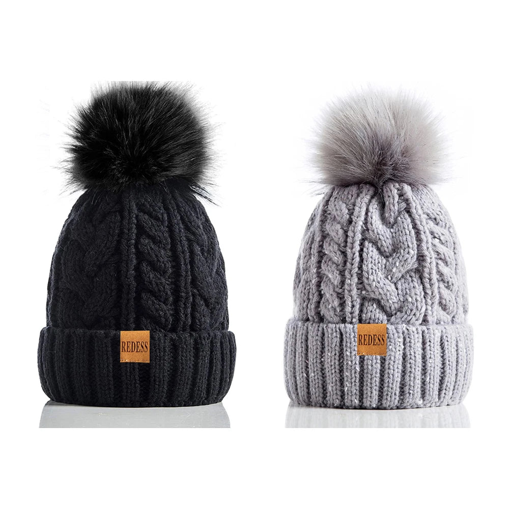 Women Winter Pompom Beanie Hat with Warm Fleece