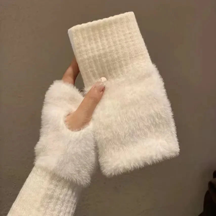 Mink Fleece Soft Winter Half Finger Gloves Women Warm Luxury Solid White